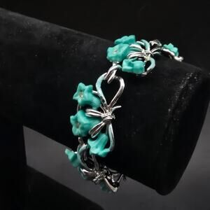 Star Teal Blue Thermoset Flower Bracelet Silver Tone Links Vintage Jewelry